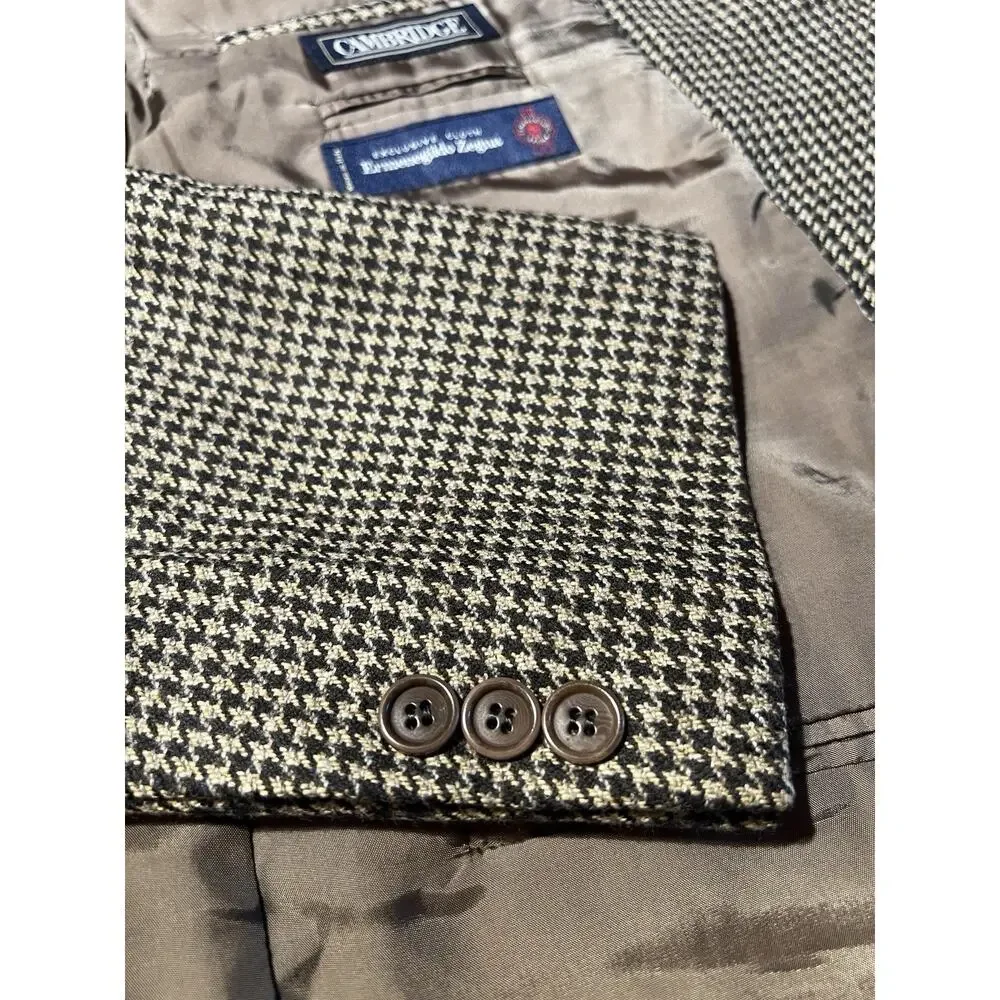 Vintage Zegna x Cambridge Wool Cashmere 46-48L Black Tan Houndstooth Sport Coat